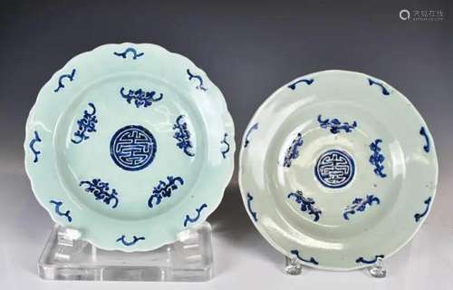 Two Celadon Glazed Blue and White Bat Plates