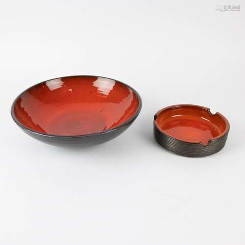 A Perignem red glazed bowl and ash tray