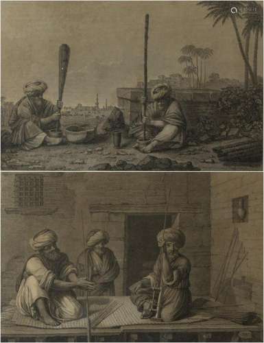 2 18th century engravings Tobacco traders, printer Delaunay