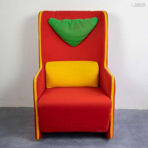 Vintage fabric armchair in red, yellow and green, 1980s.