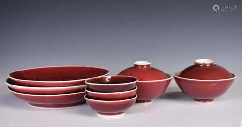 A Group of Eight Red Glazed Porcelain Wares Qing