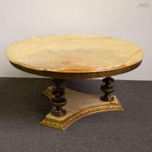 Coffee table with bronze columns on onyx foot and with onyx ...