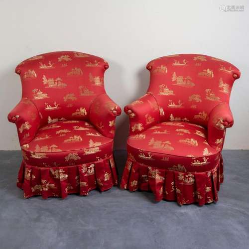 2 Crapaud chairs with red fabric decorated with Chinese moti...