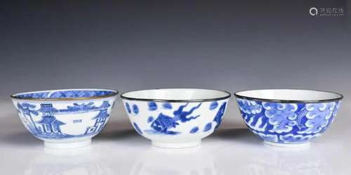 A Group of Three Blue and White Bowls