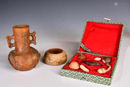 A Zisha Vase, A Waterpot and A Group of Carvings