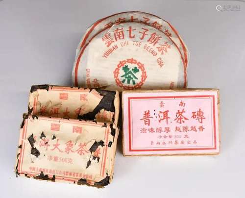 A Group of Five Puer Tea Cakes & Tea Bricks 80-90s