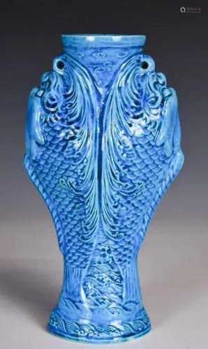 A Blue Glazed Double Dragon-head Fishes Vase 19thC