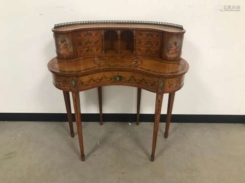 An Edwardian satinwood and painted kidney shaped ladys desk,...