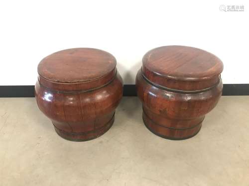 A pair of mid 20th century Asian wooden barrel stools, 43cm ...