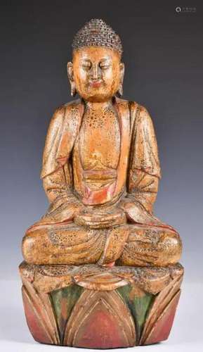 A Gold & Color Painted Wooden Buddha Ming or Before