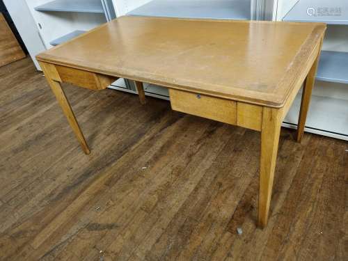 An oak utility desk, having rectangular top with rexine writ...
