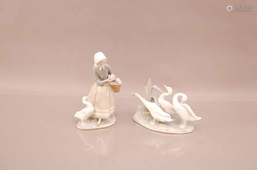 Two Lladro porcelain groups, one with lady and ducks, E-13 J...