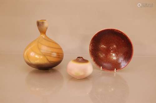 Three items of studio pottery, comprising a globular narrow ...