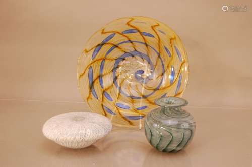 Three pieces of studio glass, comprising a small globular na...