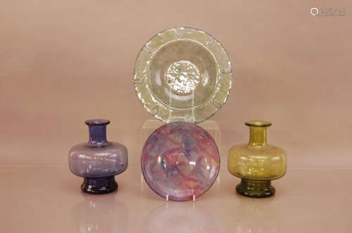 A collection of studio glass, comprising two baluster vases,...