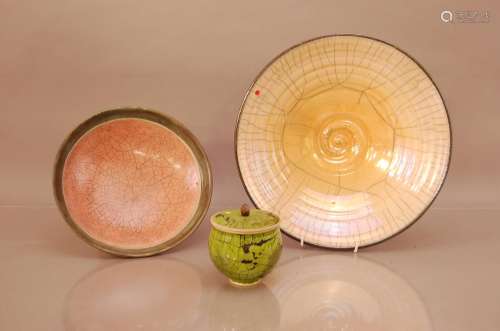 Three items of studio pottery, comprising a large Raku bowl ...