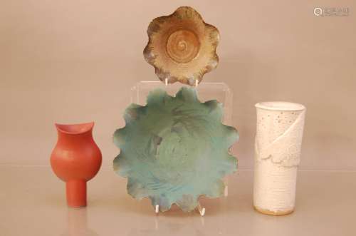 Four items of studio pottery, comprising one white glazed st...