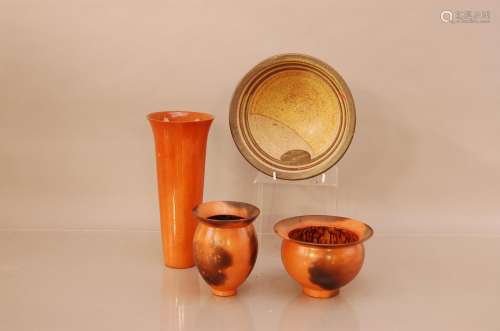 Four items of studio pottery, comprising two ceramic jars of...