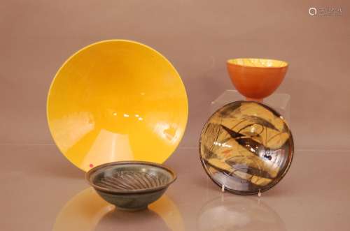 Four items of studio pottery, comprising a large bright yell...