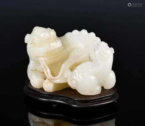 A Jade Carved Double Lions with Stand