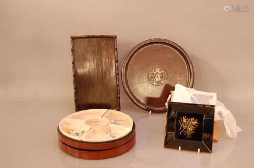 A selection of Oriental items, comprising two hardwood trays...