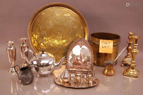 A collection of brass and white metal wares, including brass...