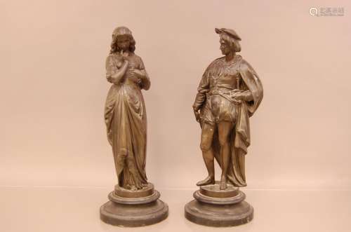 A pair of Victorian spelter figures, he stands 43.5cm, possi...