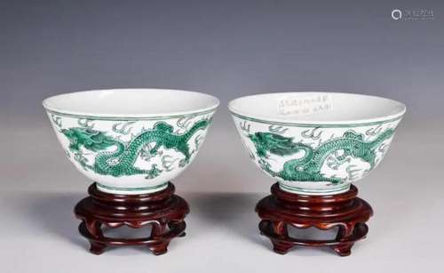 A Pair of Green Dragons Bowls Guangxu Mk & Period