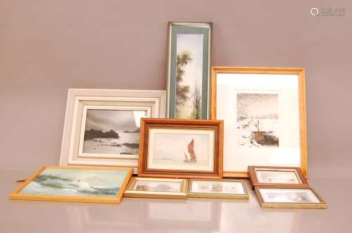 A collection of nine modern framed works, including a waterc...