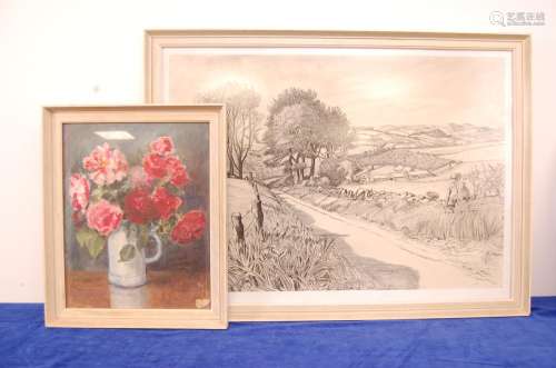 Two 20th century works of art, including a pencil drawing by...