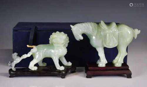 Group of Two Carved Jade Ornaments w/Stand 20thC