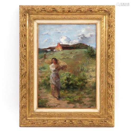 An Oil on Canvas Depicting Lady Making Hay