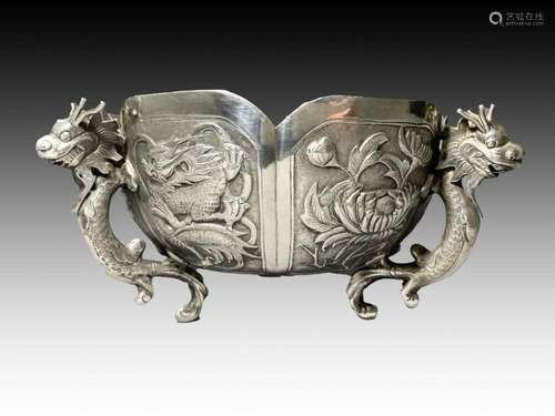 CHINESE SILVER DRAGON TRIPOD STAND BOWL, QING PERIOD (1644-1...