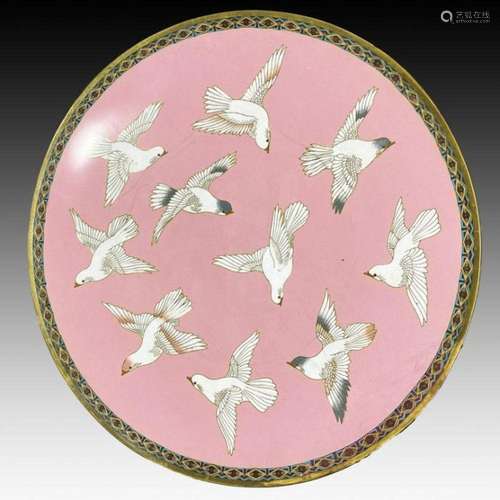 LARGE CHINESE CLOISONNE PINK DOVE PLATTER, QING DYNASTY (164...