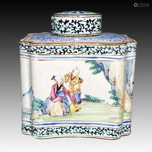 A CHINESE CANTON ENAMEL TEA CADDY, WITH INSCRIPTIONS, QING D...