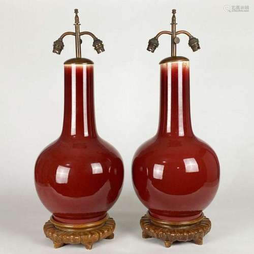 A LARGE PAIR OF CHINESE GLAZED FLAMBE VASES CONVERTED TO LAM...