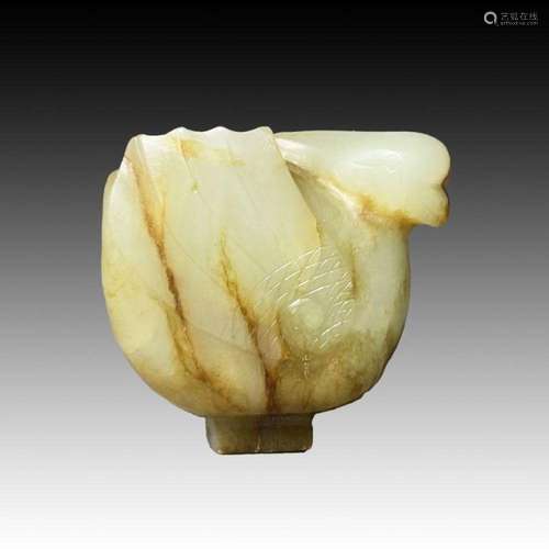 CHINESE YELLOWISH WHITE RUSSET JADE SWAN FIGURE, YUAN TO MIN...