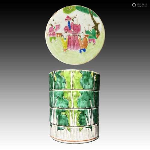 A CHINESE FAMILLE VERTE FOUR PART STACKING BOX, KANGXI PERIO...