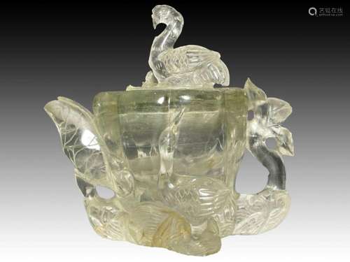 A RARE CHINESE ROCK CRYSTAL SWAN & LOTUS FLOWER TEAPOT, ...