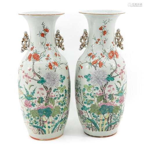 A PAIR OF FAMILLE ROSE VASES