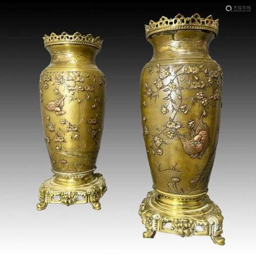 PAIR OF JAPANESE BRONZE MOUNTED MIX METAL VASES, 19TH CENTUR...