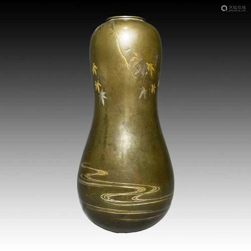 A JAPANESE BRONZE DOUBLE GUOARD MIX METAL VASE, 19TH CENTURY...