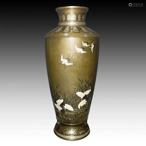 JAPANESE SILVER & SHAKUDO INLAID MIX METAL BRONZE VASE, ...