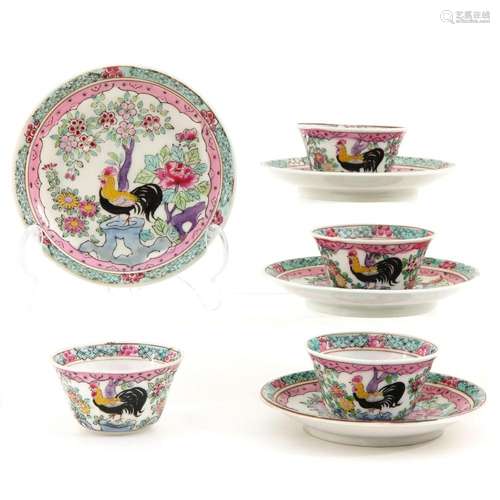 A SERIES OF 4 FAMILLE ROSE CUPS AND SAUCERS