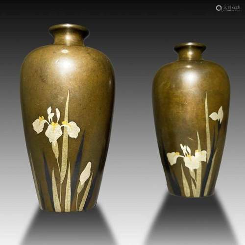 PAIR OF JAPANESE BRONZE MIX METAL ORCHID FLOWER VASES, 19TH ...