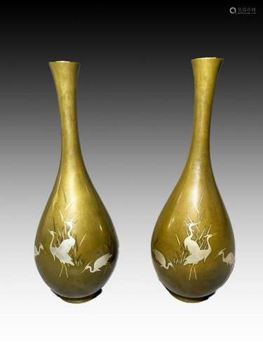 PAIR OF JAPANESE BRONZE MIX METAL VASES DEPICTING CRANES, 19...