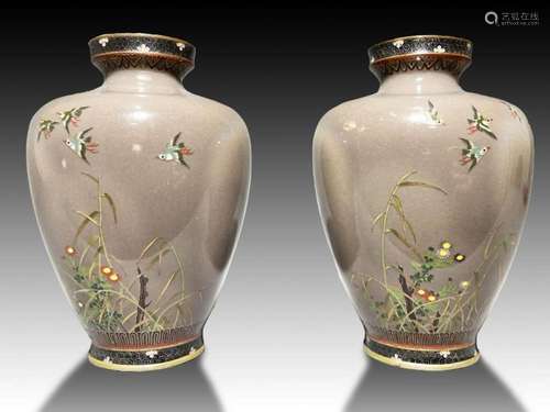 A PAIR OF JAPANESE CLOISONNE ENAMEL VASES, DEPICTING FLORAL ...