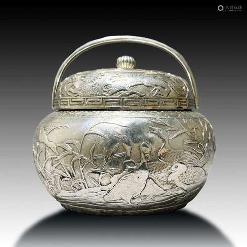 A JAPANESE SILVER LIDDED POT, 19TH CENTURY, MEIJI PERIOD , S...