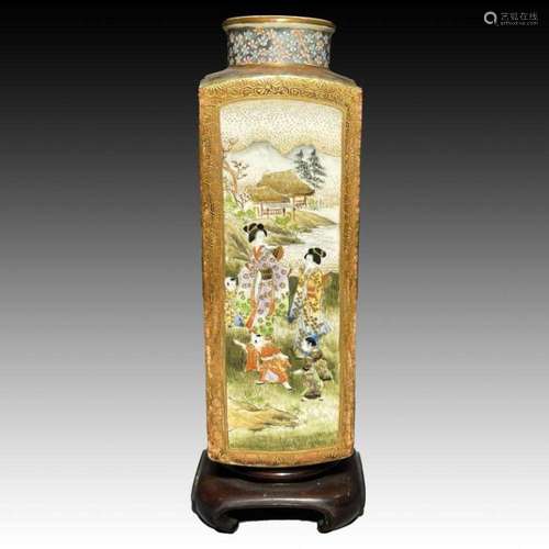 A JAPANESE SATSUMA RECTANGULAR SHAPED VASE ON STAND, 19TH CE...