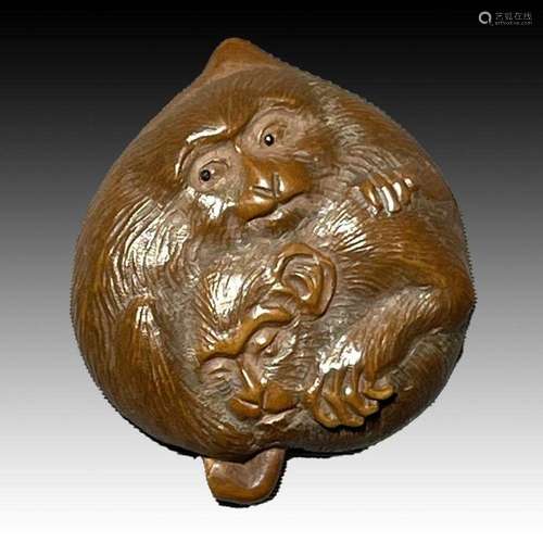 SIGNED MASANAO JAPANESE BOXWOOD NETSUKE DEPICTING CARVED MON...